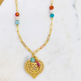 Collar Largo Corazon, piedras S/Steel
